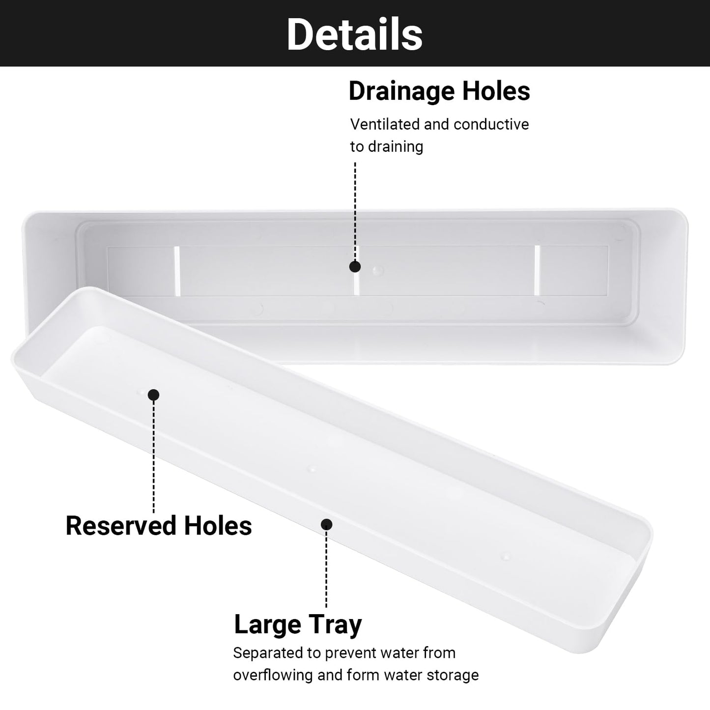 GREANER Herb Planter with Tray, 1 Pack 12x3.8 Inch Rectangle Window Box, Indoor Succulent Flowers Succulent Plastic Pot for Windowsill, Garden, Balcony, Office Outdoor Decoration - White