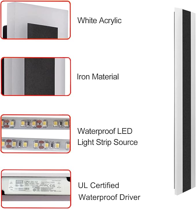 Outdoor Long Strip Modern LED Wall Lighting Fixture Lamps, Elegant Frosted White Acrylic, Black Aluminum Body IP65 Waterproof Anti Rust (Dimmable, 32inch)