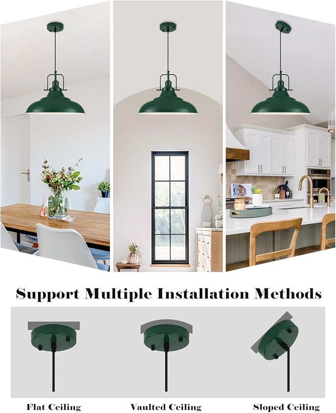Green Pendant Light Kitchen Island, 16 Inch Large Pendant Lights, Industrial Pendant Lights, Vintage Farmhouse Pendant Light for Kitchen Island, Dining Room, Hallway (1 Pack)