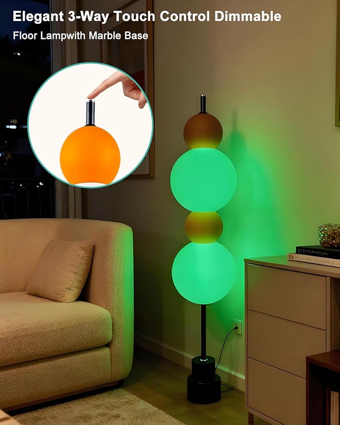 Orange Globe Floor Lamp -RGB& 3000K Dimmable LED, Touch Switch, Modern Tall Standing Lamp for Bedroom, Living Room, Home Office