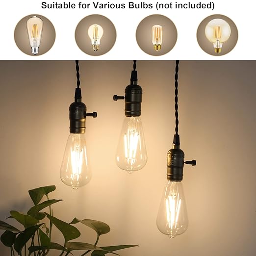 Vintage Pendant Light Kit Cord with Dimming Switch and Triple E26/E27 Industrial Light Socket Lamp Holder 25FT Twisted Black Cloth Bulb Cord Plug in Hanging Light Fixture