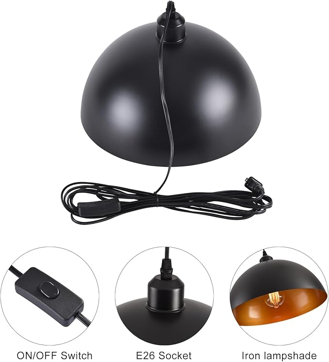 Plug in Pendant Light 2 Pack Industrial Hanging Lamp with Golden Finish Inside Black Vintage Pendant Lighting Fixtures with 15ft Cord On/Off Switch