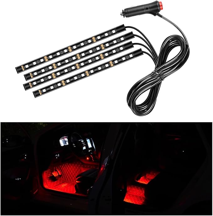 Car LED Strip Light, 48 LED RGB Auto Interior Atmosphere Lights, Cigarette Lighter Under Dash Ambient Night Light, Interior Lamp Lighting Kit (Red, Cigarette Lighter)