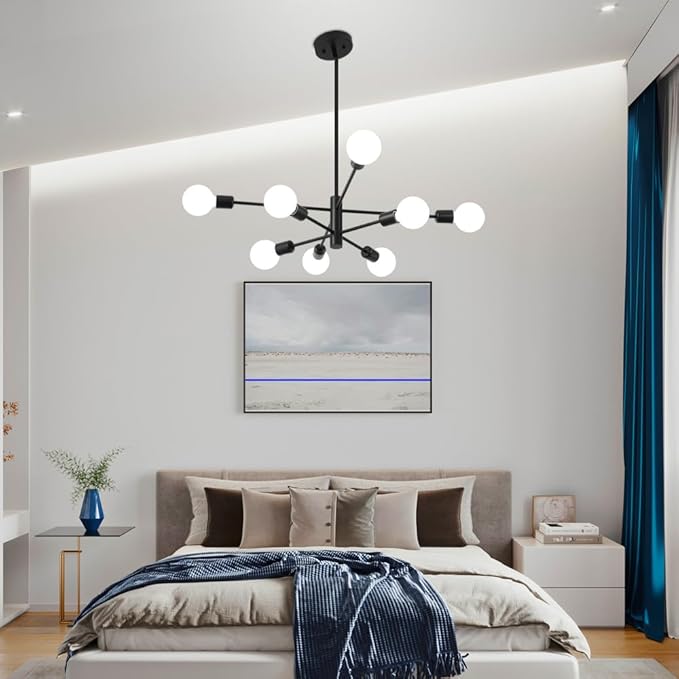 Sputnik Chandelier, Black Modern Industrial Chandeliers 8-Light, Mid Century Ceiling Lighting Fixture for Living Room, Kitchen, Bedroom, Dining Room, Farmhouse