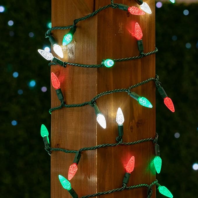 70 Light 24Ft Commercial Christmas String Lights C6 LED Strawberry Faceted Bulb – Red/Green/Pure White, Green Wire, Indoor/Outdoor, Full Wave No Flicker, Connect 43 Sets