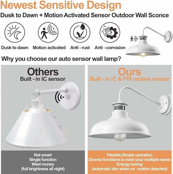 Set of 2 Gooseneck Outdoor Wall Lights Fixtures,Dusk to Dawn Motion Sensor Sconce Farmhouse Barn Lamp for Patio,3 Modes Dimmable Exterior Porch Light Wall Mount Lighting White with Rotary Dial Control