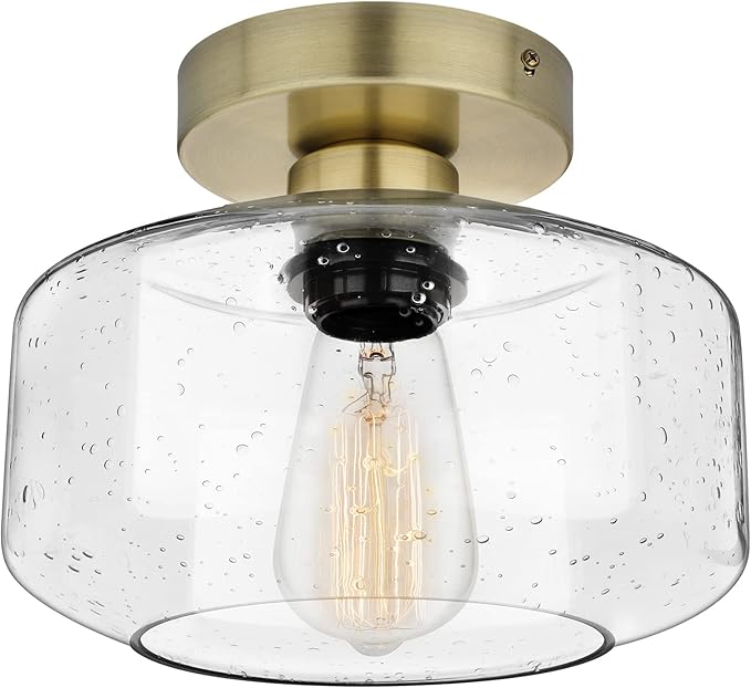 SunRider Industrial Semi-Flush Mount Ceiling Light Fixture, Seeded Glass Pendant Lamp, Brass Farmhouse Lighting for Hallway Porch Corridor Bedroom