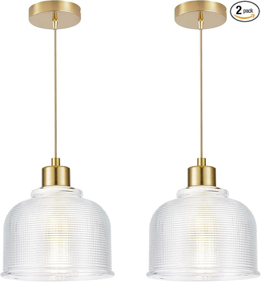 2Pack Industrial Pendant Lighting, Modern Clear Glass Shade Farmhouse Adjustable Hanging Light Fixtures for Kitchen Island Living Room Bedroom Hallway Gold and Clear