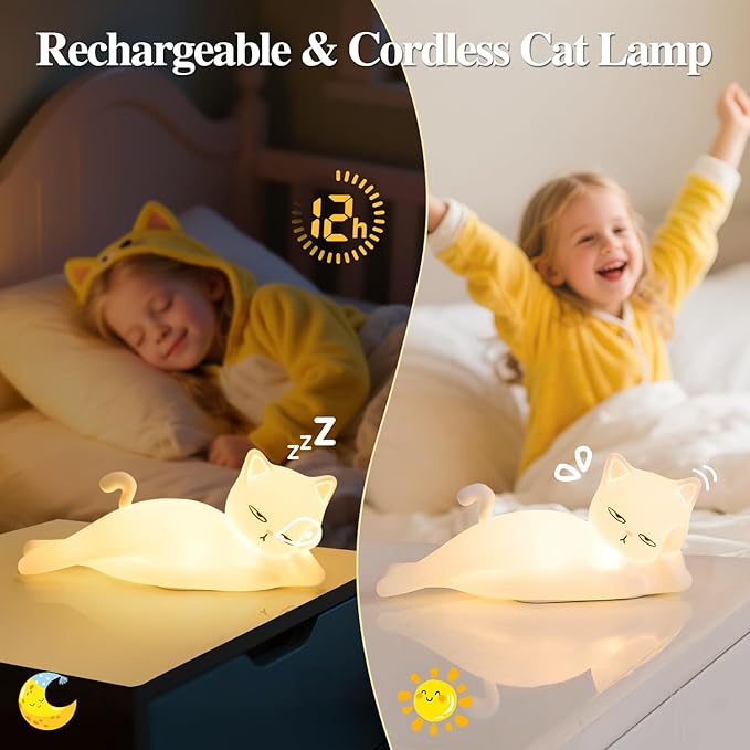 Lying Flat Cat Lamp Funny Gifts, 16 Colors+5 Dimming+Silicone Random Stuff, Touch+Remote+Recharge Night Light for Kids, Cool Lamp Unique Lamps Cute Weird Stuff, Cat Gifts for Teen Girls/Adults/Kids