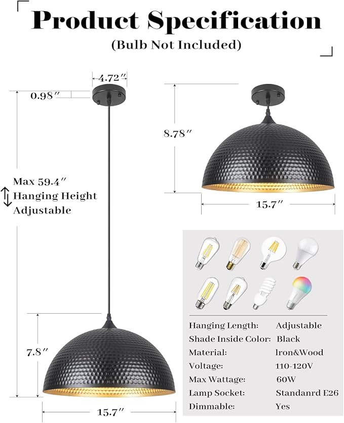 16 inch Black and Gold Pendant Light 2 Pack, Hammered Large Industrial Pendant Lights Kitchen Island, Black Dome Pendant Light for Kitchen Island, Dining Room, Bar