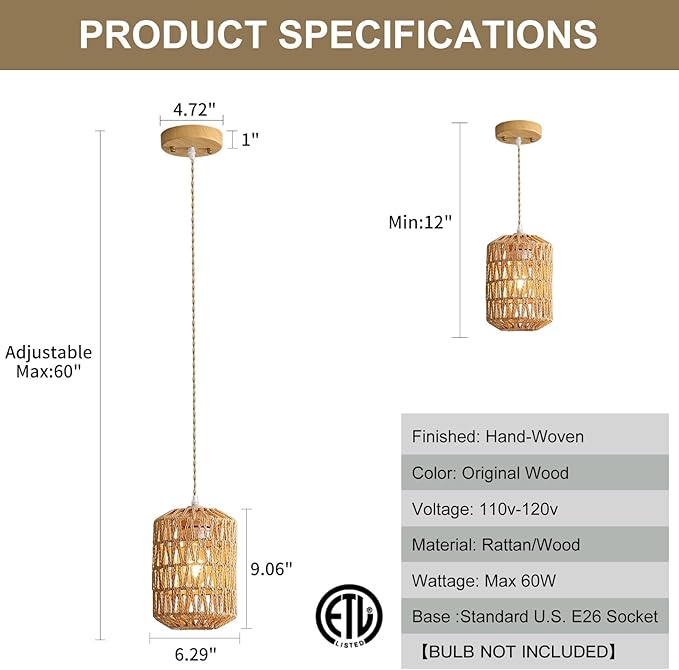 1-Light Rattan Pendant Light, Boho Light Fixture for Dining Room, Small Wicker Light Fixture, Rattan Chandelier Woven Hanging Light, for Kitchen Island Bedroom Hallway, ETL Listed
