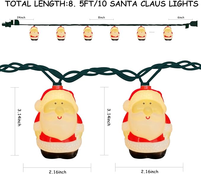 Christmas Santa String Lights, 8.5Ft Christmas Decorations Lights Outdoor with 10 Santa Claus Lights, Plug in Christmas Fairy Lights Waterproof for Indoor Xmas Tree Window Patio Garden Bedroom Decor