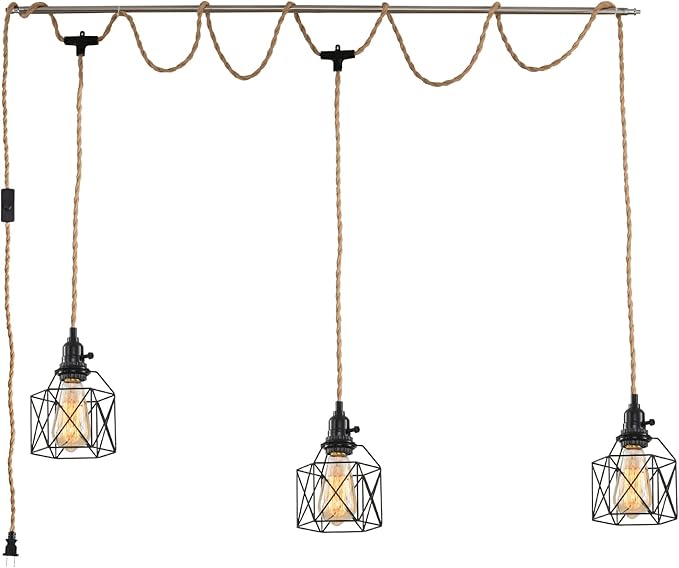 3-Light Hanging Light with Plug in Cord,Plug in Pendant Light 22ft Hemp Rope Pendant Lighting Vintage 3-Light Hanging Lamp Fixtures for Kitchen Island Living Room Bedroom