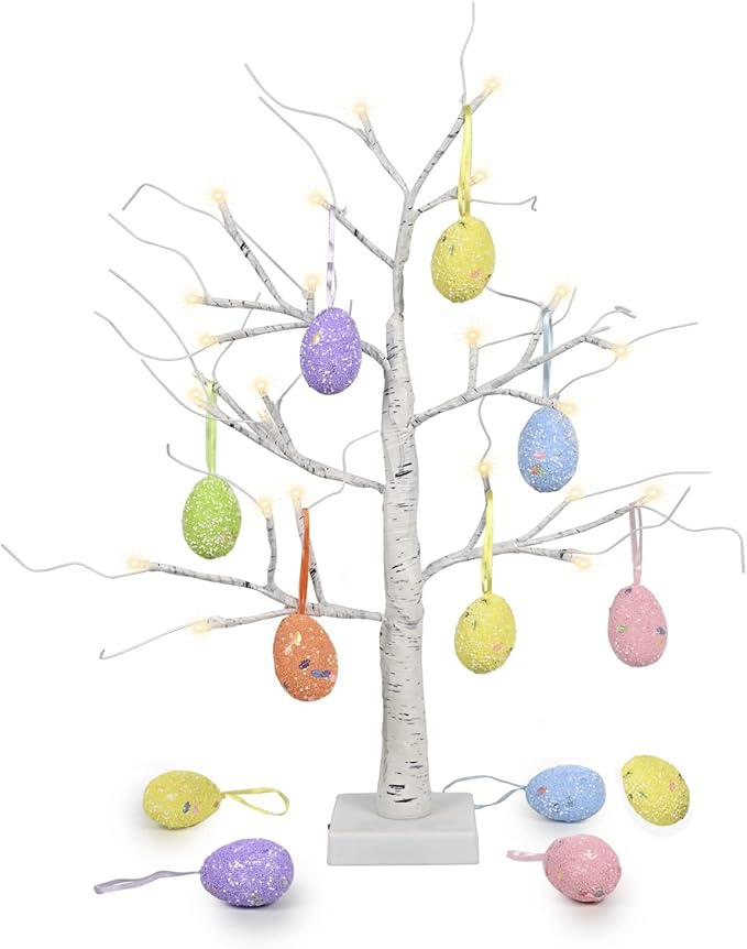 Easter Decorations kemooie 24 Inch Pre-lit White Birch Tree with 10 Hanging Easter Egg Ornaments, 24 Led Lights Battery Operated Easter Table Centerpiece for Party Birthday Home Spring Decoration