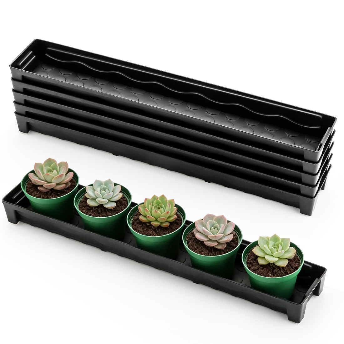 RooTrimmer 5 Pack Plastic Plant Saucer (17"x3"x1.5"), Rectangular Window Sill Plant Pot Trays with Removable Drainage Hole, Thick Windowsill Saucer Tray for 2.8 inch (7CM) Flower Nursery Pots (Black)
