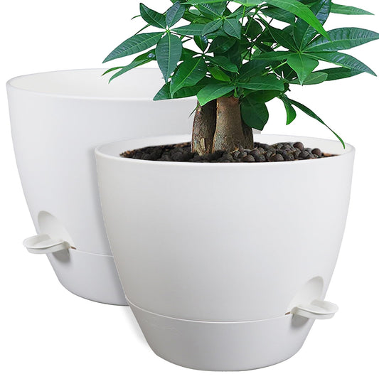 UOUZ 12inch 2Pack Large Self Watering Planters, Plastic Plant Pots with 60oZ Removable Deep Reservoir and Multi Mesh Drainage Holes for Indoor Outdoor Garden Plants and Flowers, White
