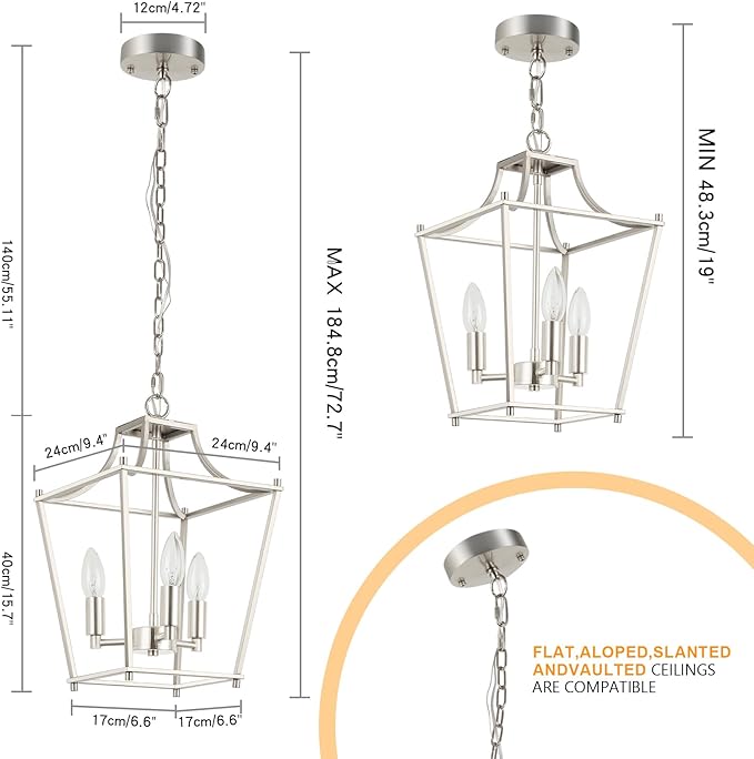 Lantern Pendant Light Brushed Nickel Pendant Light Fixtures 3-Light Lantern Light Fixture, 9.4" Adjustable Hanging Pendant Lighting for Dining Room Kitchen Foyer Bedroom