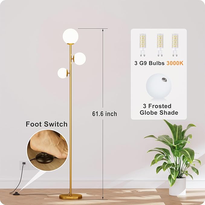 Floor lamp with 3 Frosted Glass Shades,Stangding Lamp Floor Lamps for Living Room Bedroom Office with 3 led Bulbs,Tall lamp with Foot Switch (Gold)