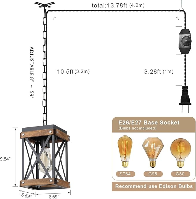 Rustic Farmhouse Plug in Pendant Light Fixture with Adjustable Chain, Oak Wood and Metal Lantern Cage Mini Hanging Lamp for Kitchen Island Living Room Hallway Farmhouse Bar, Black
