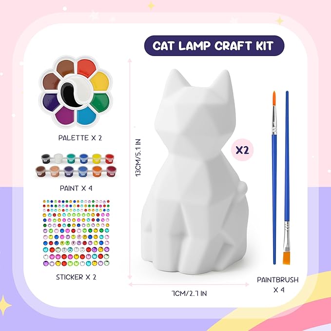 2Pcs Paint Your Own Cat Lamp Kit,DIY Cat Crafts Night Light,Art Supplies Painting Kits for Kids Age 4 5 6 7 8 9 10 11 12+, Creative Birthday Easter Halloween Christmas Gifts for Girls Boys