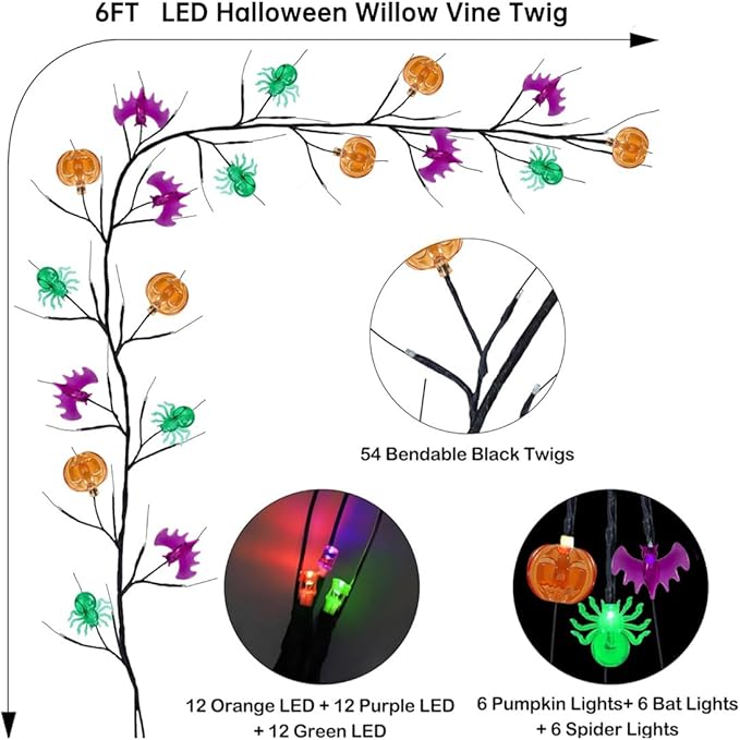 6FT Halloween Decorations Lights Willow Vine Twig Garland with Pumpkin Bat Spider Light, 8-Mode Battery Operated Decoration for Home Wall Table Fireplace Décor