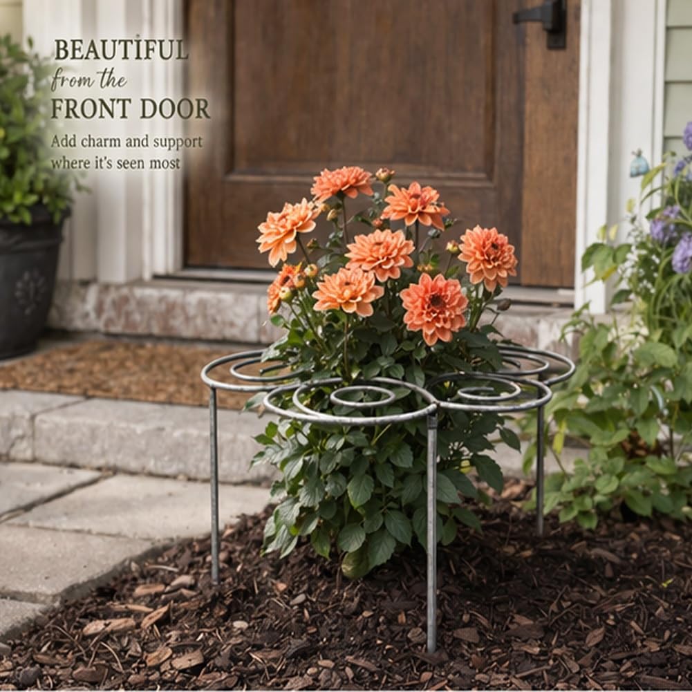 Metal Plant Support Ring for Garden, Peony Cage Stand, Indoor Pots, Flower Hoop, Decorative Grow Through Rings, Stackable Houseplant Stake, Dahlia Cage, Outdoor Orchid Clip(2PCS,Medium)