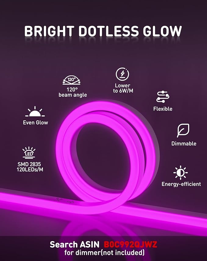 Shine Decor LED Rope Lights AC 120V, Connectable & Cuttable Dotless 120LEDs/M Eco Neon Strip Lighting, ETL IP65 Waterproof & Weather-Resistant for Home Commercial, 8x16mm, Purple, 50FT