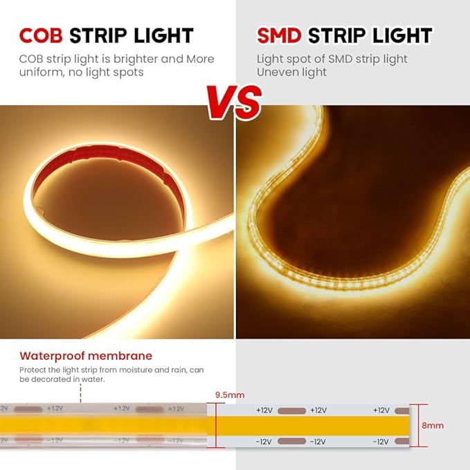 12V COB LED Strip Lights 320 LEDs/M IP68 Waterproof Super Bright DC Flexible LED Tape Lights with Power Adapter for for DIY Bedroom Kitchen Home Decor