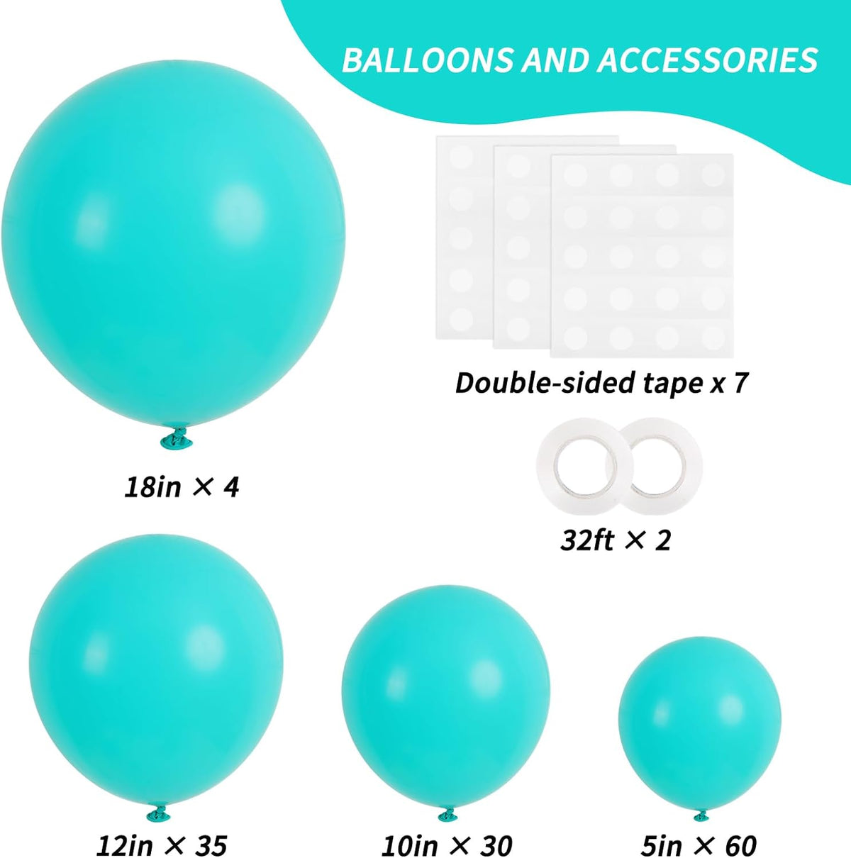 RUBFAC Teal Blue Balloons - 129-Piece Latex Garland Set for Birthday, Wedding & Baby Showers | 5-18 Inch Sizes
