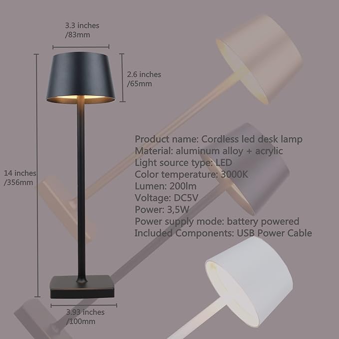 Rechargeable led Cordless Desk lamp, Aluminum, Dimmable, Suitable for Indoor and Outdoor Lighting (Black)