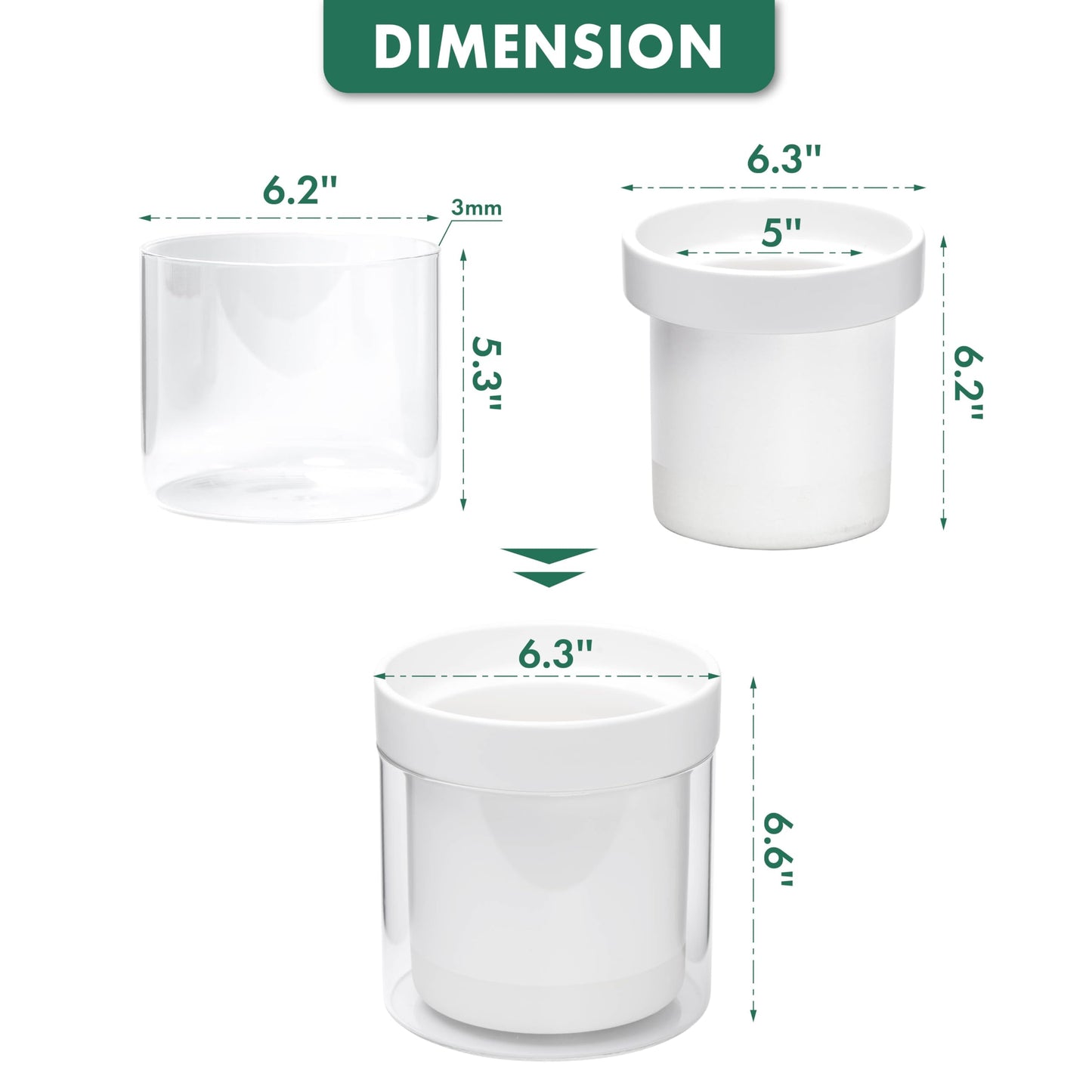 Phoenix Vine 6 Inch Self Watering Planter, White Terracotta Clay Pot with Glass Reservoir for Indoor Plants, Herbs, Flowers, Set of 2, 52-B-F-2
