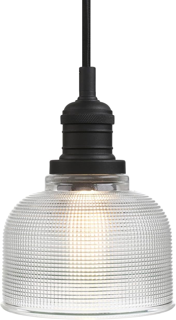 Yosoan Indoor Vintage Pendant Light with Striped Shade, 1-Light Hardwired Edison Vanity Fixture Industrial Semi Flush Mount Lamp Bowl Texture Glass for Kitchen Table Bar Island(Black)