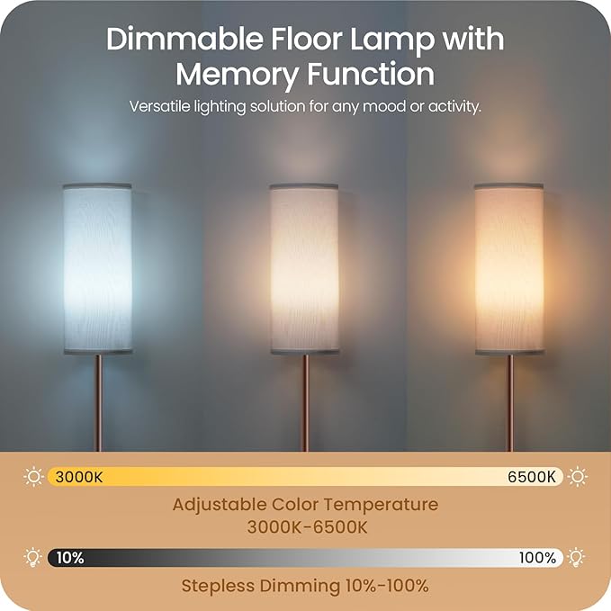 Dimmable Floor Lamps for Living Room with Remote and Foot Switch, 64.4” Modern Standing Tall Lamp, Corner Lamp for Bedroom, Bulb Included, 3000K-6500K, White and Brown VCW06LD05W1
