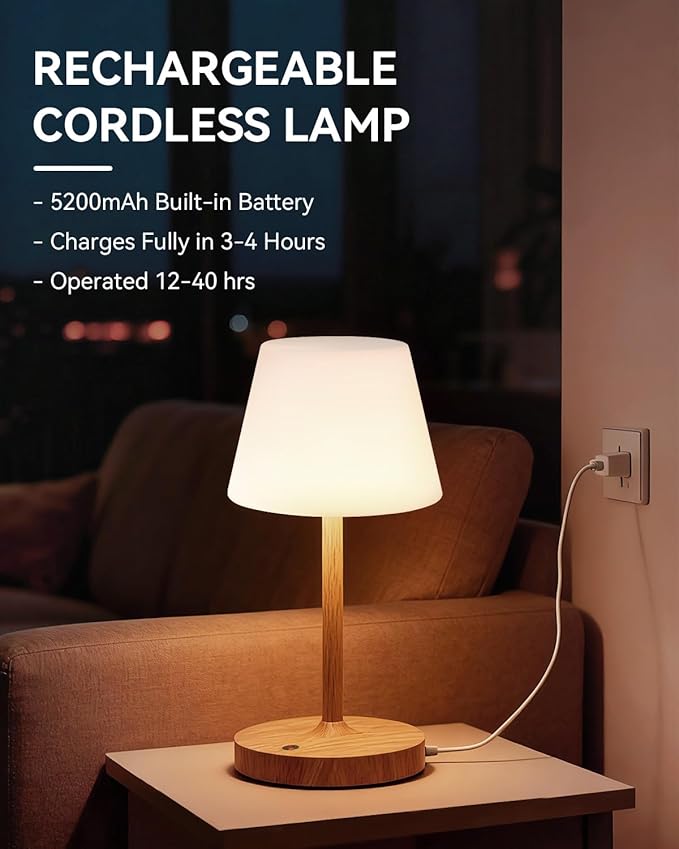 Outdoor Waterproof Shower Lamp, 5200mAh Cordless Rechargeable Table Lamp with Touch Dimming, IP65 Wireless LED Night Light for Patio, Camping, Bathroom, Restaurant & Kitchen