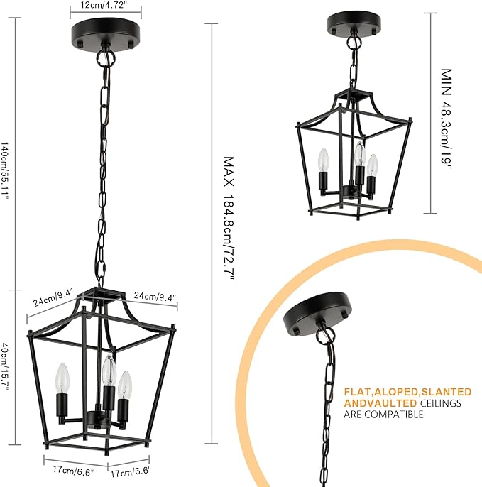 Lantern Pendant Light Black Pendant Light Fixtures 3-Light Black Lantern Pendant Lights, 9.4" Adjustable Farmhouse Pendant Lighting for Kitchen Island Dining Room Foyer
