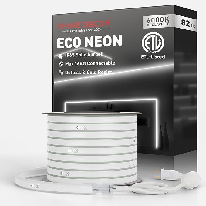 Shine Decor LED Rope Lights AC 120V, Connectable & Cuttable Dotless 120LEDs/M Eco Neon Strip Lighting, ETL IP65 Waterproof & Weather-Resistant for Home Commercial, 8x16mm, 6000K Cool White, 82FT