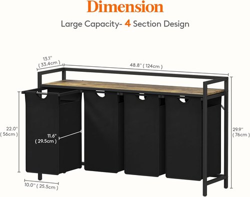Lifewit Laundry Hamper - 4-Section 168L Clothes Organizer with Removable Bags & Large Top Shelf - Black
