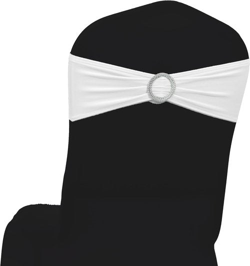 MDS Spandex Chair Sashes - Premium Stretch Covers with Buckle Slider for Weddings & Events | Pack of 25 - White