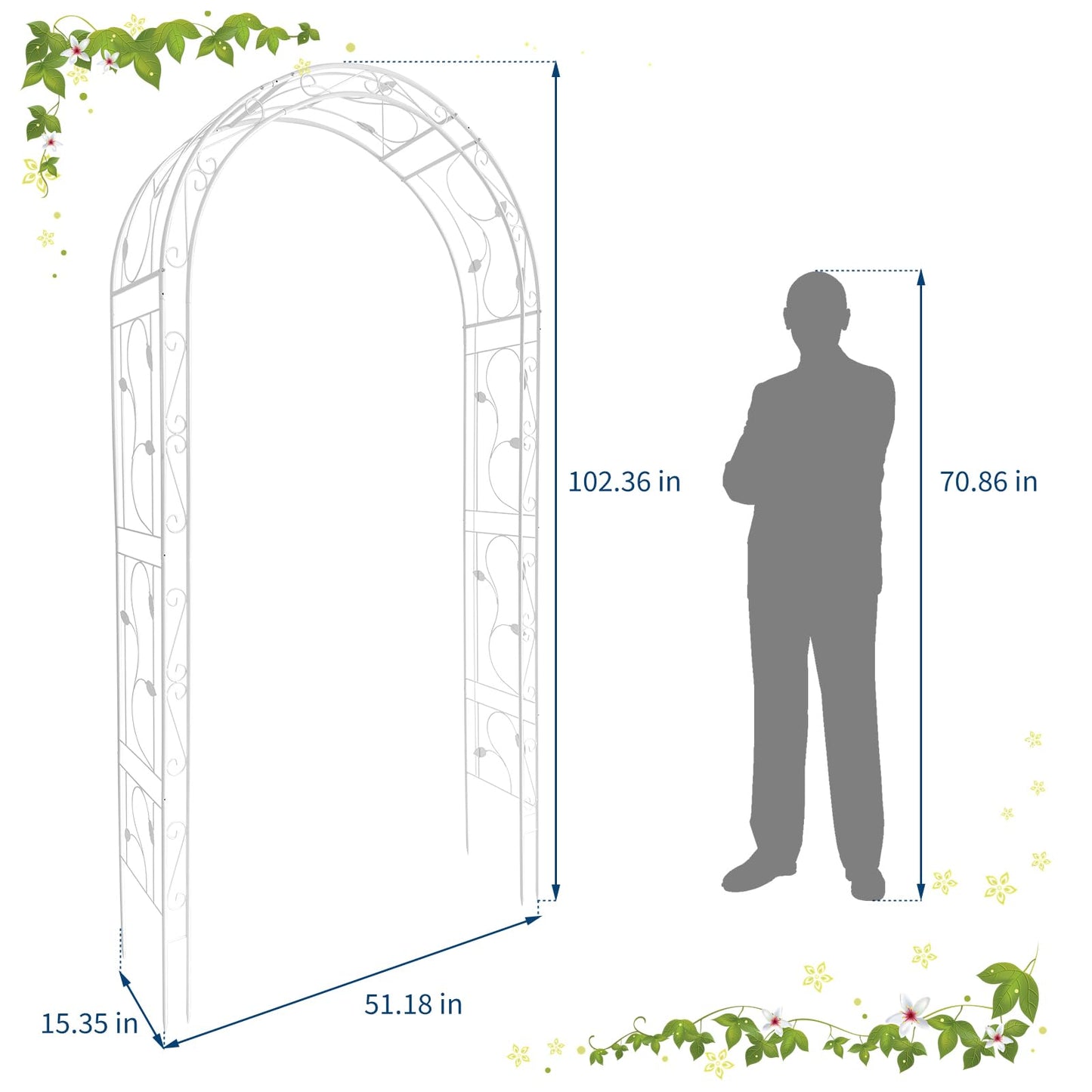 Metal Garden Arbor, 102.36" x 51.18" Heavy Duty Metal Garden Arch Trellis for Climbing Plants, Decorative Archway Wedding Arch Frame for Patio, Backyard, Patio, Lawn, Pathway, White