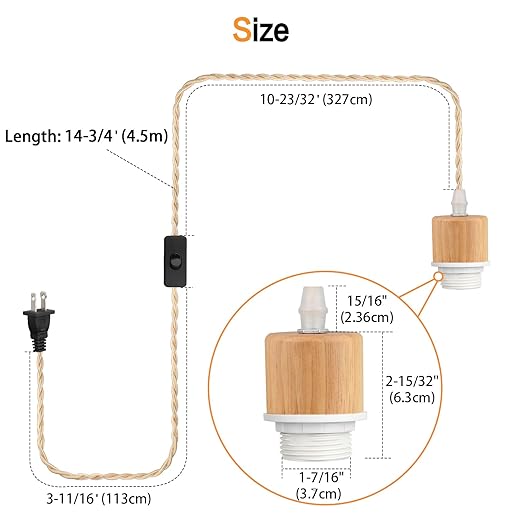15ft Wood Pendant Light Cord Kit with Shade Ring and ON Off Switch, Hanging Lamp Kit Plug in Cord for Farmhouse, Vintage Swag Light Bulb Cord DIY Twisted Nylon Rope for E26 E27 Socket