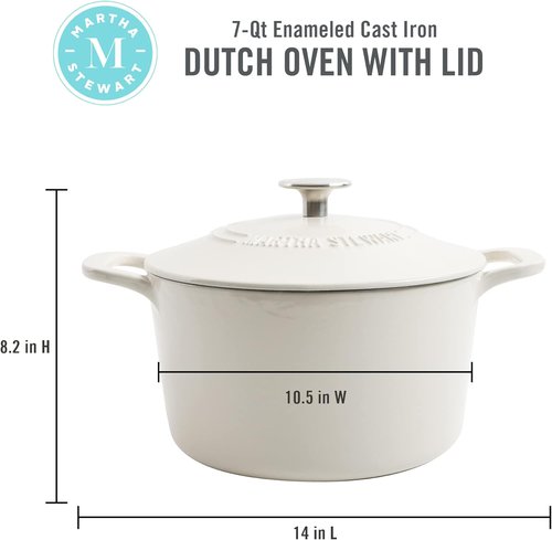 Martha Stewart Gatwick 7-Quart Enamel Cast Iron Dutch Oven - Durable Linen Color with Silver Knob for Slow Cooking