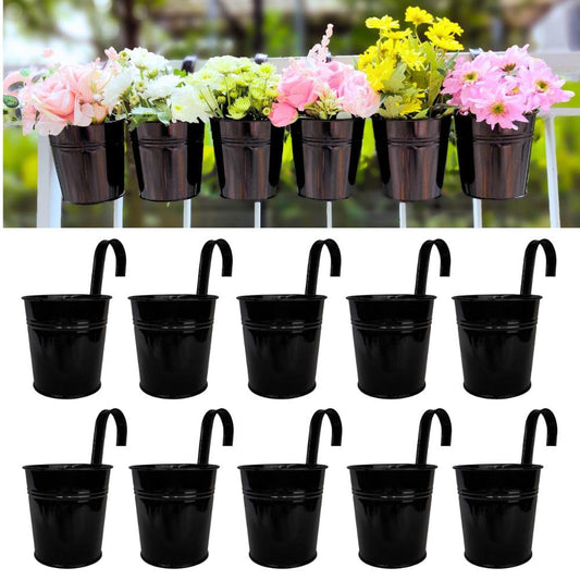 LaLaGreen Small Hanging Planters - 10 Pack, 4 Inch Black Metal Bucket Small Flower Pots for Outdoor Outside, Balcony Railing Hanging, Cute Garden Decor Rail Wall Farmhouse Rustic Deck Porch Succulent