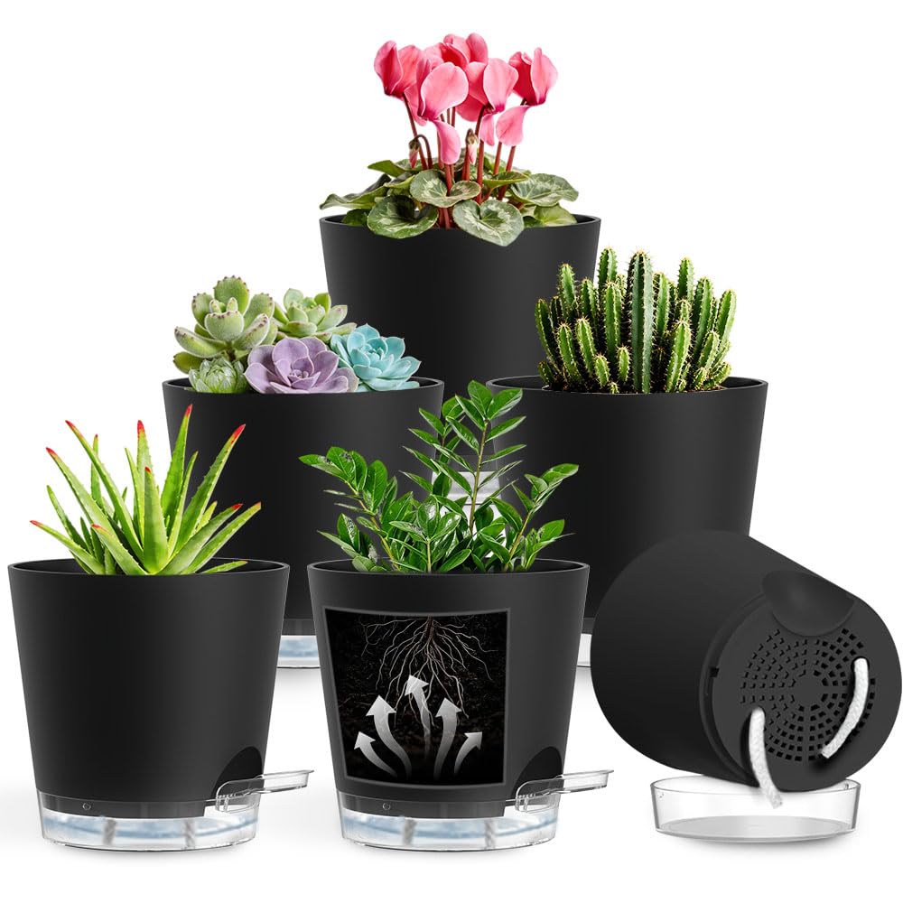 KEETUMOOD Self Watering Pots for Plants, 2026 New Flower Plant Pots with Drainage Holes, Wicking and Clear Reservoirs for Succulent, Aloe, Cacti and Others - 6 Pack (Black, 6")