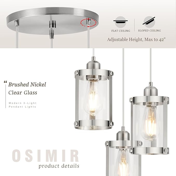 3-Light Pendant Lighting, Brushed Nickel Dining Room Chandelier Light Fixture Over Table with Clear Glass, Modern Cluster Hanging Lights for Kitchen Island Sink, OS-3014-3BN