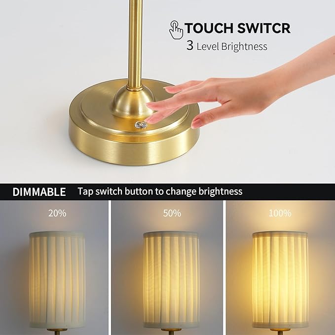 Portables Cordless Table Lamp Set of 2,LED Fabric Shade DeskLamp,Rechargeable Battery Operated，Lighting for Bedroom, Bedside,Bar,Living Room, Dining Room, Night Light (Brass)