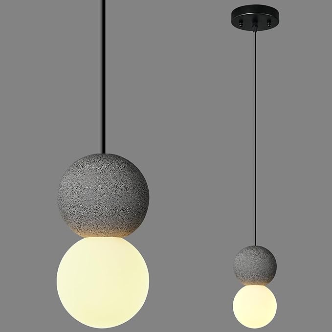 Modern Black 1-Light Concrete Pendant Light Kitchen Island Ceiling Light Fixture White Glass Globe Ball Pendant Lighting for Dining Room Coffee Club Resturant Bar Living Room(1-Pack)