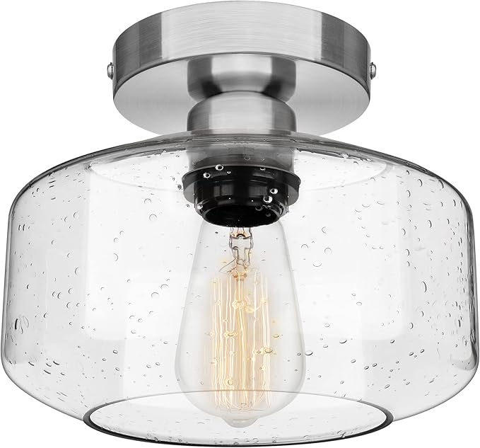SunRider Semi Flush Mount Ceiling Light Fixtures, Brushed Nickel Industrial Seeded Glass Lamp, Silver Ceiling Light for Kitchen Hallway Porch Bedroom