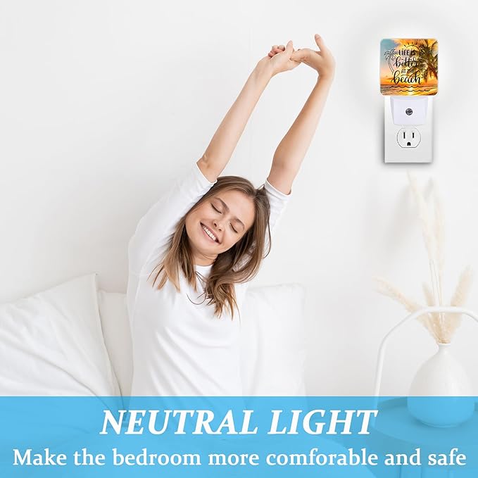 Sea Beach Palm Tree Night Light, Plug-into Wall Life is Better at The Beach Nightlight Lamp with Dusk to Dawn Sensor, Led Lamp 0.5W Energy Efficient for Boys Girls Adults Home Decor