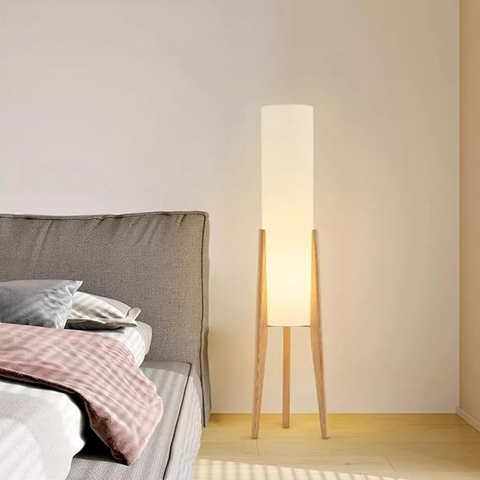 MIXL-Tripod Wooden Tall Floor Lamp,Fabric Drum Shade Corner Standing Lamp,Farmhouse Style Floor Light for Nursery and Study Room