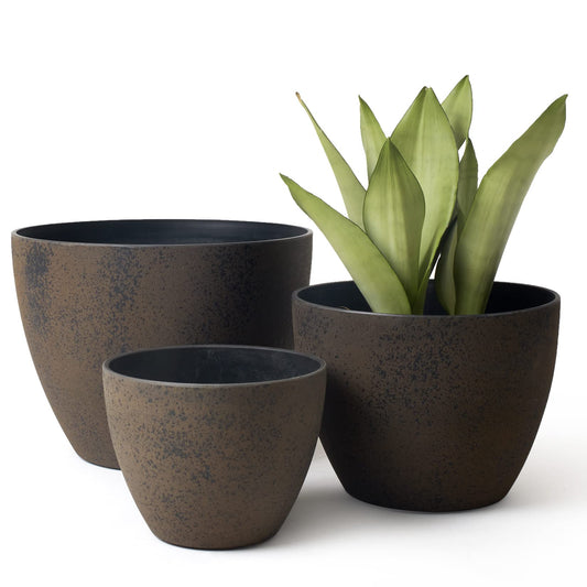 LA JOLIE MUSE 14.2/11.3/8.6 Inch Large Planters,Indoor/Outdoor Round Planters Set of 3,New Iron Plant Container with Drain Holes,Tree Flower Plant Pots for Patio and Deck